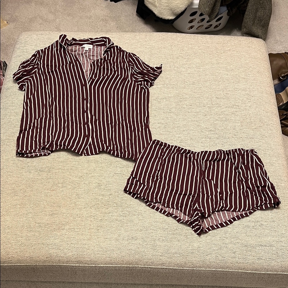 Striped Maroon‎ & White Short Sleeve Pajama Set